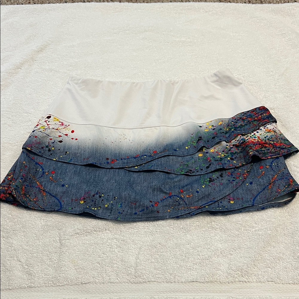 Lucky in Love Denim Splatter Paint Tennis Skirt